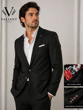 Valiant Paris black pocketed blazer with silky floral lining sz L